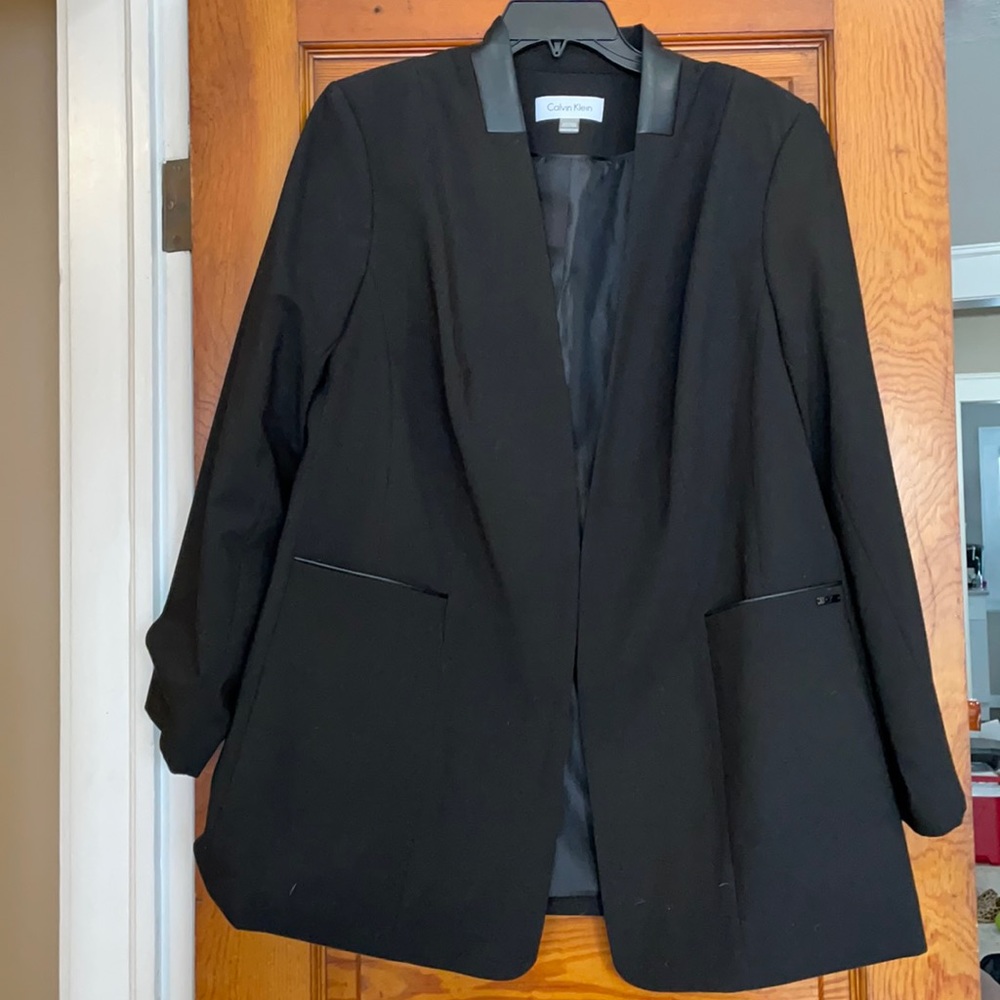 Long line leather trimmed Calvin Klein blazer